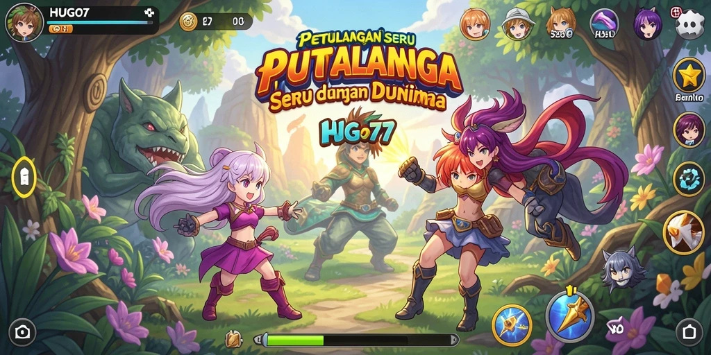 Tampilan gameplay seru dalam <strong>HUGO77</strong> dengan karakter anime ikonik.