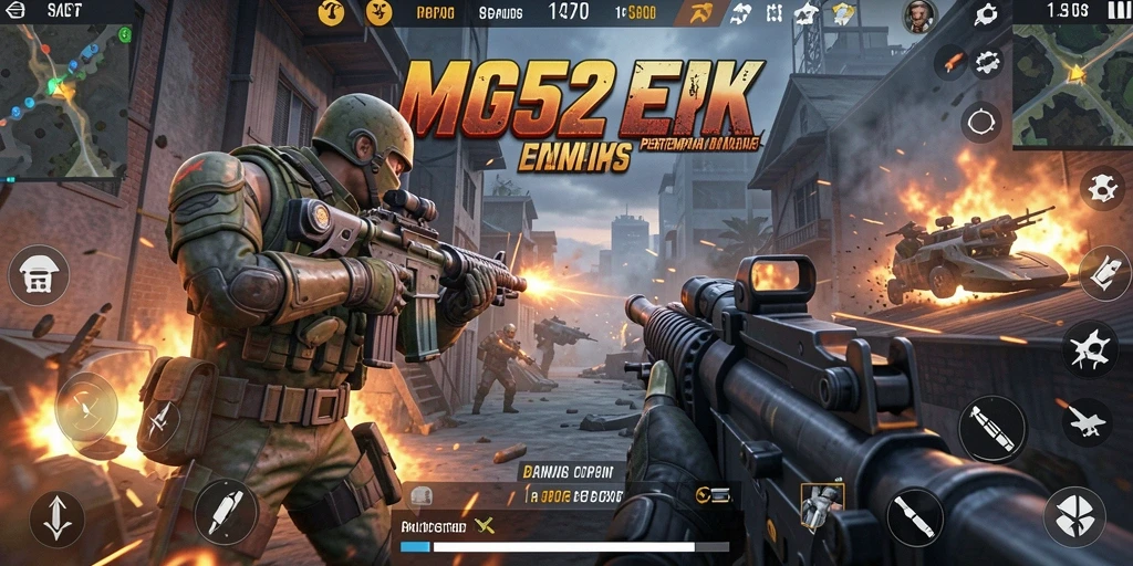 Screenshot gameplay MG525 menampilkan aksi baku tembak yang mendebarkan.