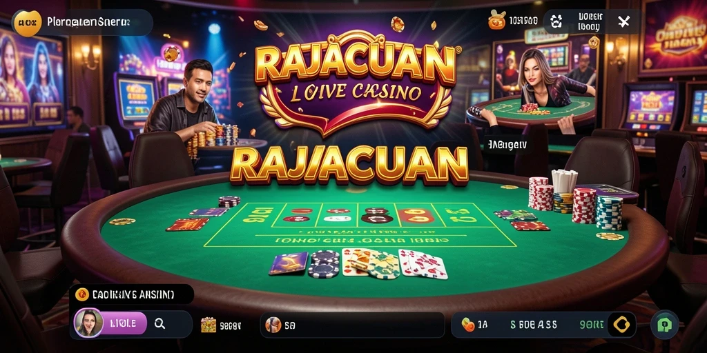 Screenshot RAJACUAN menampilkan dealer yang menghadap pemain dengan latar belakang permainan Live Casino.