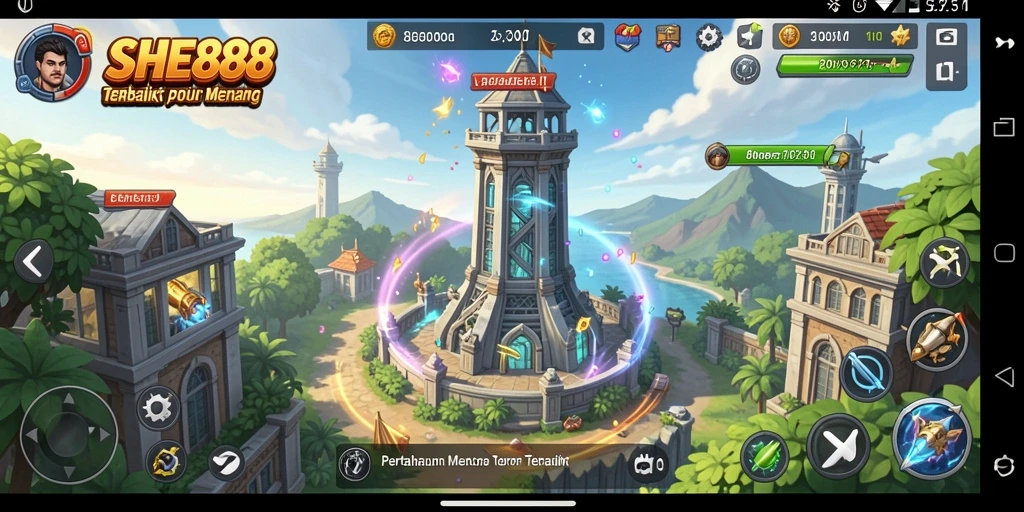 Screenshot gameplay SHE888 menampilkan aksi menara melawan serangan musuh.